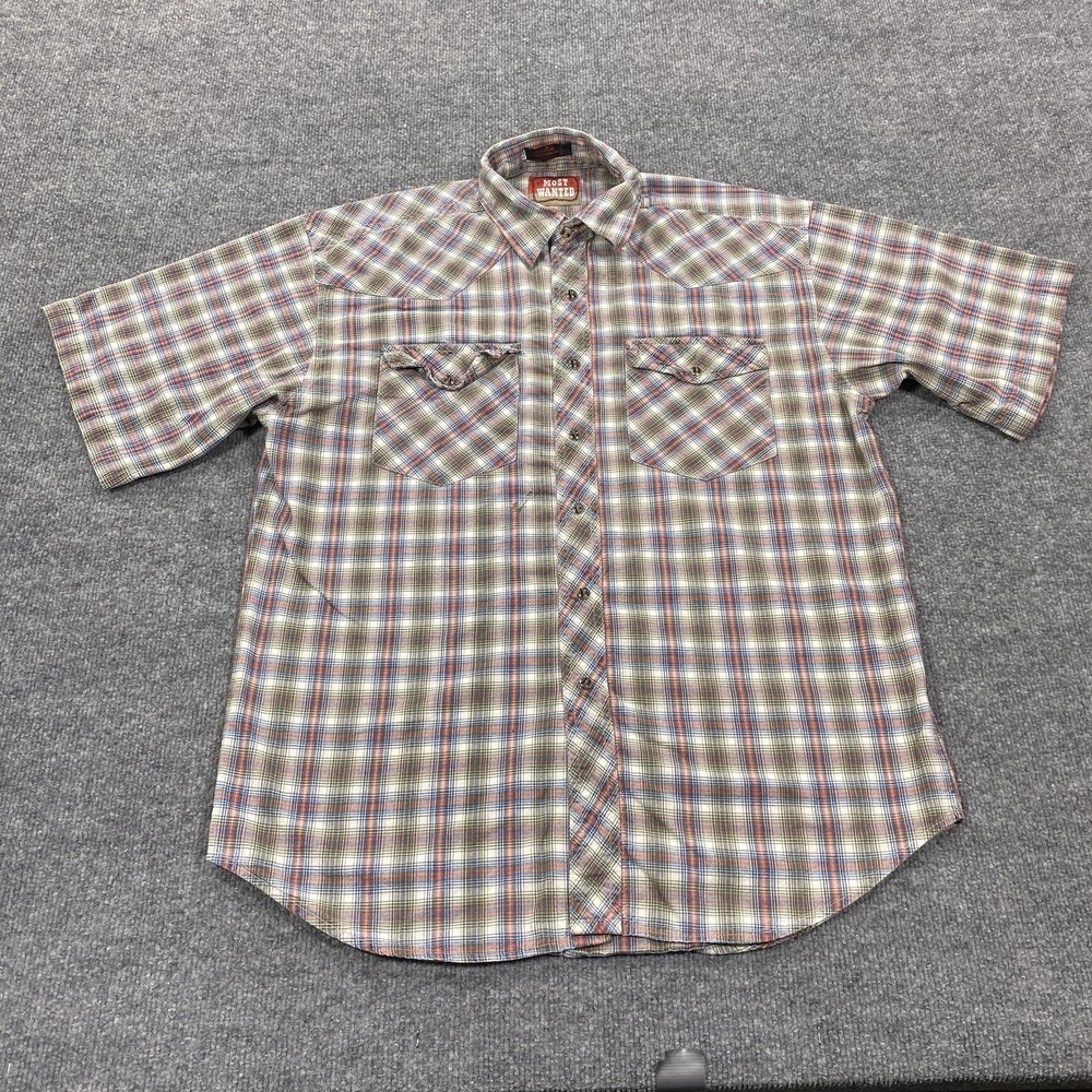 Most Wanted Shirt Mens Medium‎ Green Plaid Short Sleeve Button Up Pockets Cotton